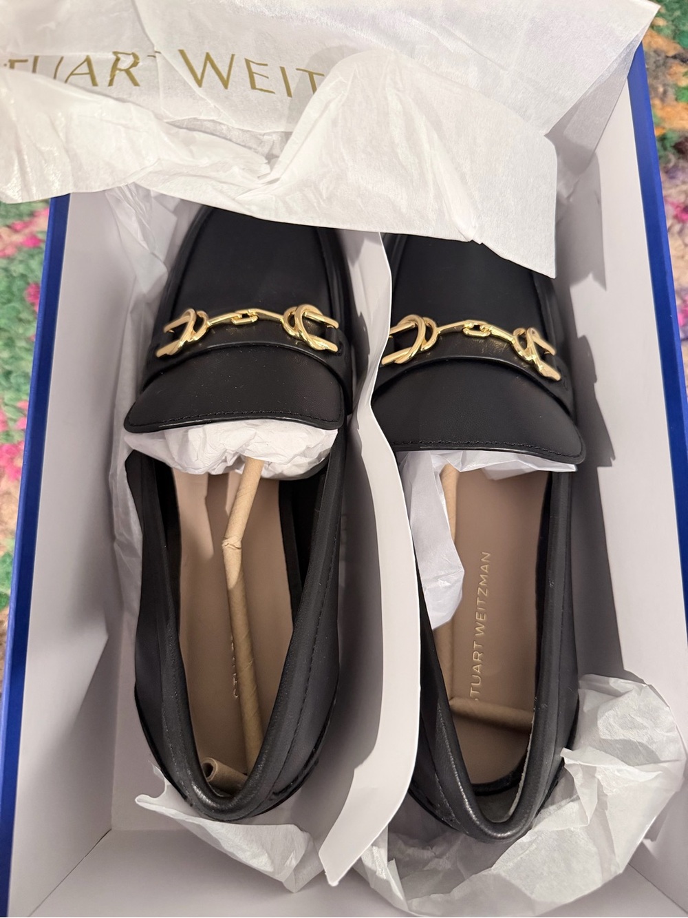 Stuart Weitzman Black Leather Loafers with Gold Horsebit
